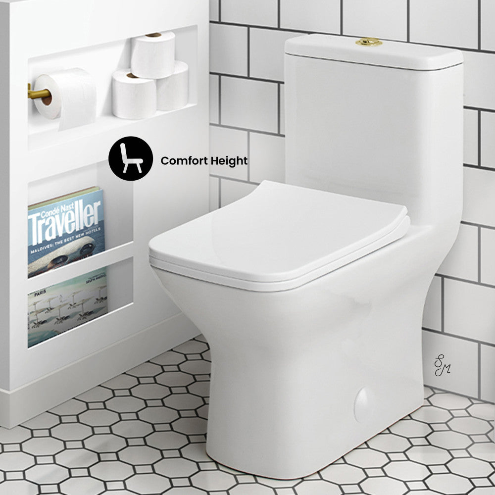 Swiss Madison Carre One Piece Square Toilet Dual Flush, Brushed Gold Hardware 1.1/1.6 gpf