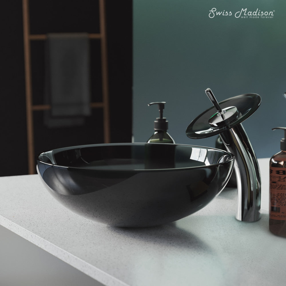 Swiss Madison Cascade 16.5 Color Glass Vessel Sink with Faucet, Black