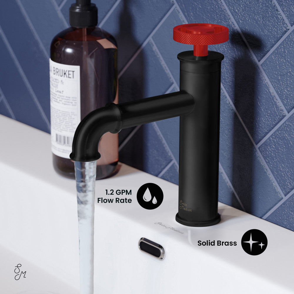 Swiss Madison Avallon Single Hole, Single-Handle, Bathroom Faucet in Matte Black with Red Handle