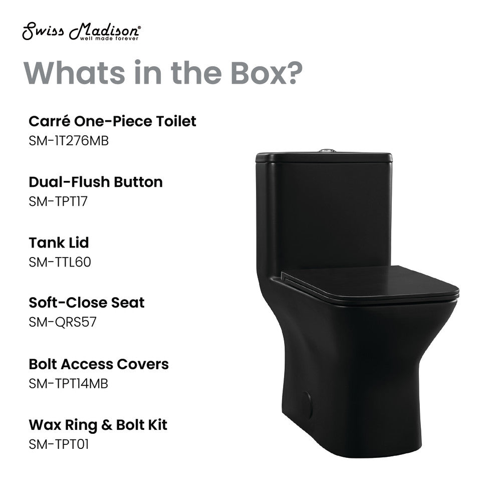 Swiss Madison Carre One Piece Square Toilet Dual Flush 1.1/1.6 gpf with 10" Rough-In, Matte Black