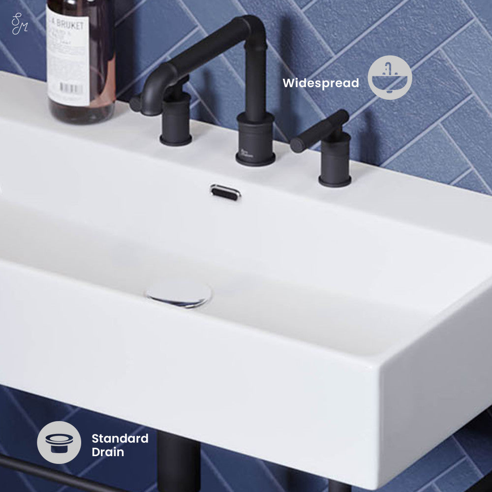Swiss Madison Claire 30" Console Sink White Basin Black Legs with 8" Widespread Holes