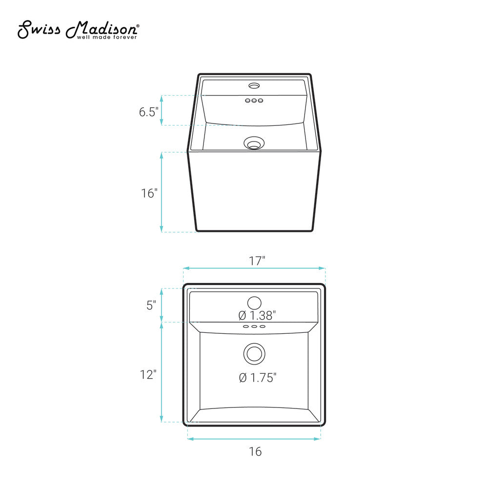 Swiss Madison Pur 16.5" Square Wall-Mount Bathroom Sink