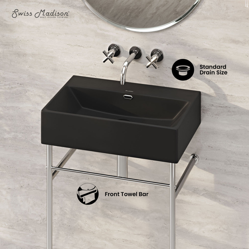 Swiss Madison Claire 24" Rectangle Matte Black Zero Hole Console Sink with Polished Chrome Legs