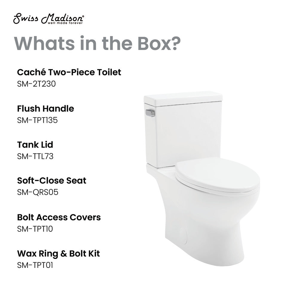 Swiss Madison Cache Two-Piece Elongated Toilet Left Side Flush Handle Toilet 1.28 gpf