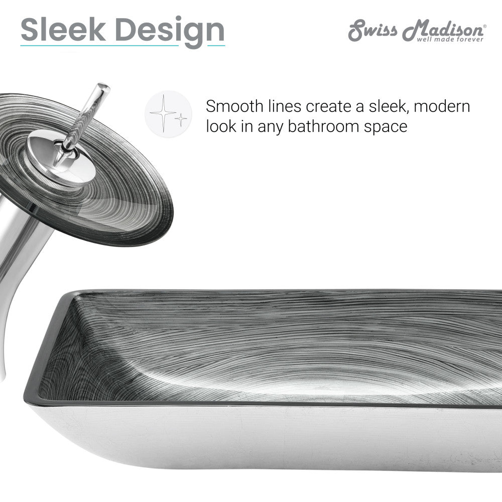 Swiss Madison Cascade Rectangular Glass Vessel Sink with Faucet, Smoky Grey