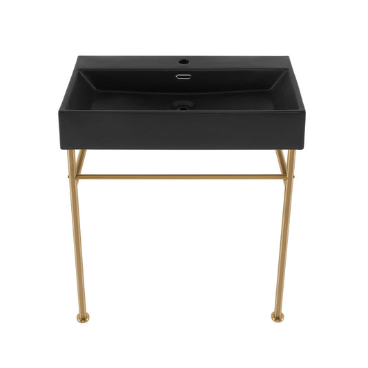 Swiss Madison Claire 30 Ceramic Console Sink Matte Black Basin Brushed Gold Legs