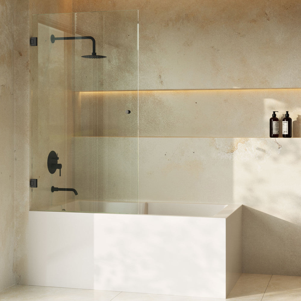 Swiss Madison Voltaire 24 x 58 Frameless Pivot 3/8 in. (10mm) Ultra Clear Tempered Glass Tub Door with Black Matte Hardware