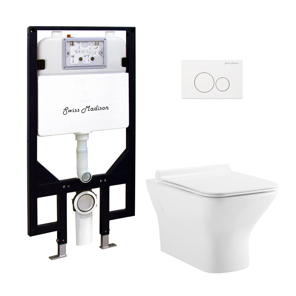 Swiss Madison Carre Wall-Hung Toilet Bundle 0.8/1.6 GPF Dual Flush in Glossy White with White Flush Plate