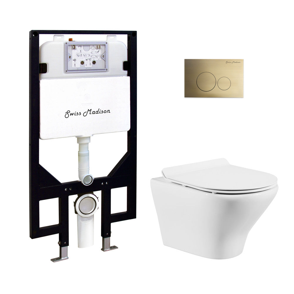 Swiss Madison Monaco Wall-Hung Toilet Bundle 0.8/1.6 GPF Dual Flush in Glossy White with Brass Flush Plate