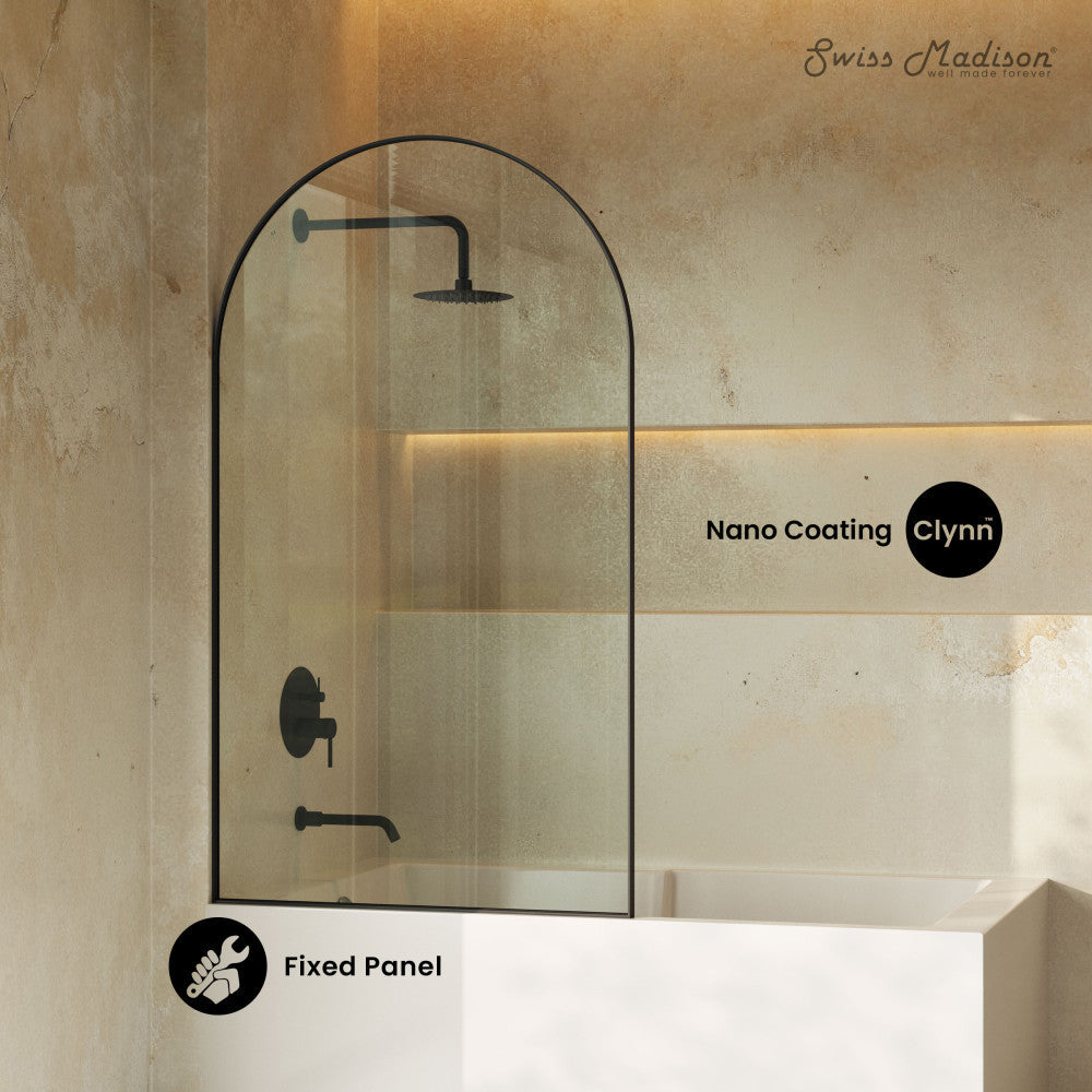 Swiss Madison Porte 34 x 58 Framed Fixed 3/8 in. (10mm) Clear Tempered Glass Tub Door with Black Matte Frame