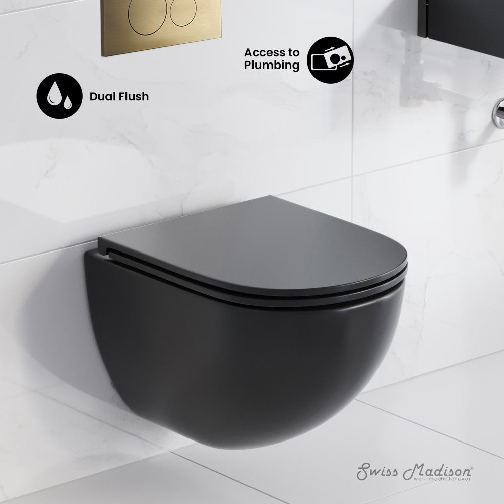 Swiss Madison St. Tropez Wall-Hung Toilet Bundle 0.8/1.6 GPF Dual Flush in Matte Black with Brass Flush Plate