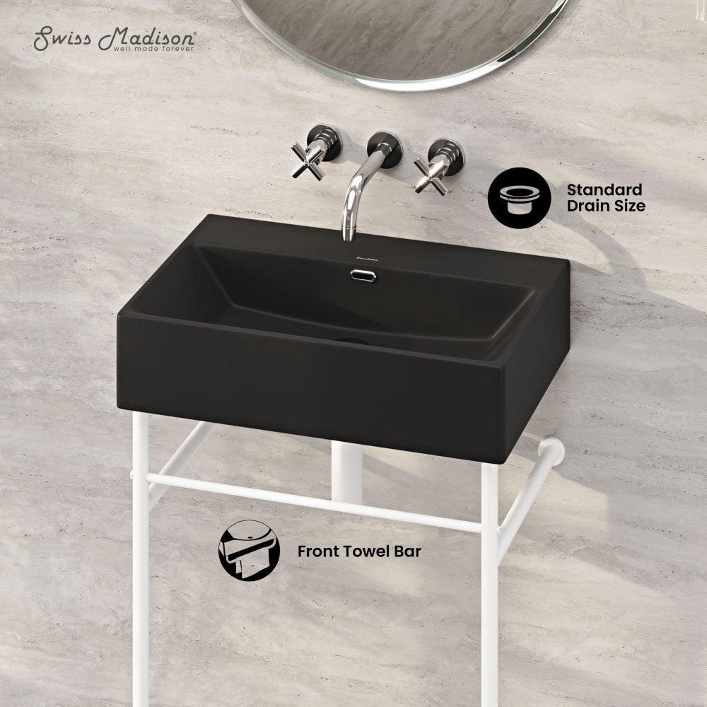 Swiss Madison Claire 24" Rectangle Matte Black Zero Hole Console Sink with Matte White Legs