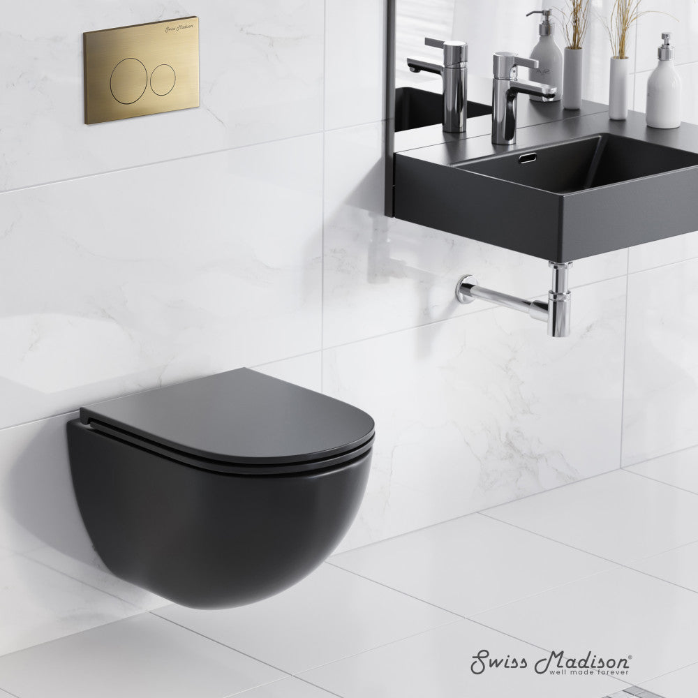 Swiss Madison St. Tropez Wall-Hung Toilet Bundle 0.8/1.6 GPF Dual Flush in Matte Black with Brass Flush Plate