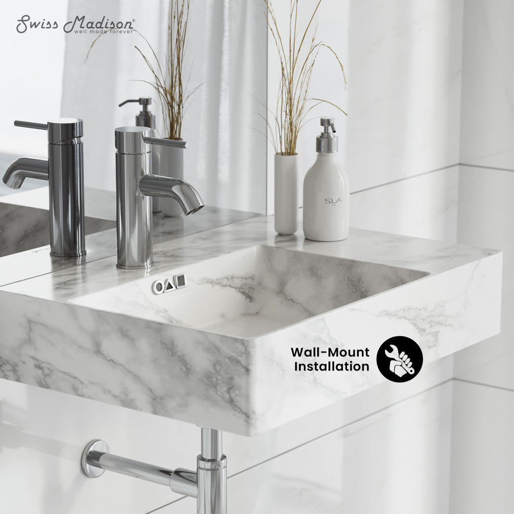 Swiss Madison St. Tropez 24" Left Side Faucet Wall-Mount Bathroom Sink in White Marble