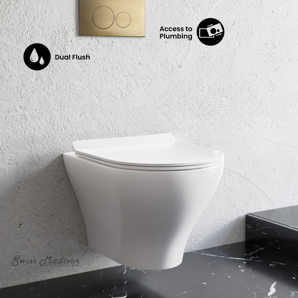 Swiss Madison Monaco Wall-Hung Toilet Bundle 0.8/1.6 GPF Dual Flush in Glossy White with Brass Flush Plate