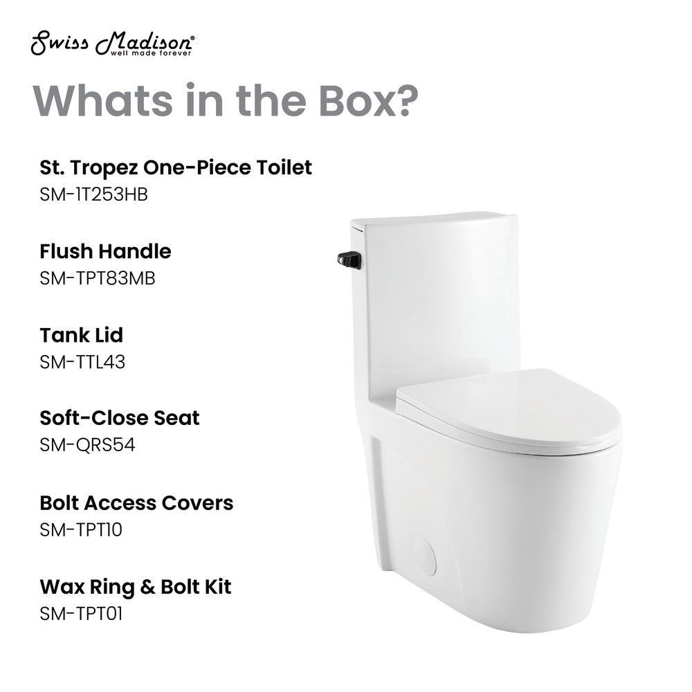 Swiss Madison St. Tropez One Piece Elongated Toilet Side Flush 1.28 gpf with Black Hardware