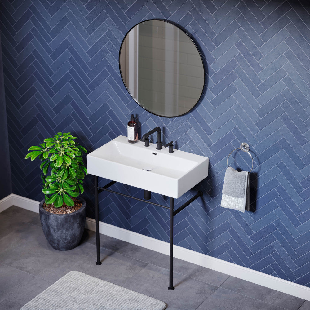 Swiss Madison Claire 30" Console Sink White Basin Black Legs with 8" Widespread Holes