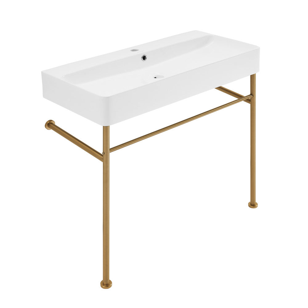 Swiss Madison Carre 36 Ceramic Console Sink White Basin Brushed Gold Legs