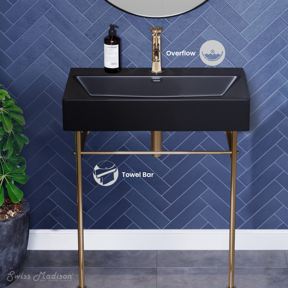 Swiss Madison Claire 30 Ceramic Console Sink Matte Black Basin Gold Legs