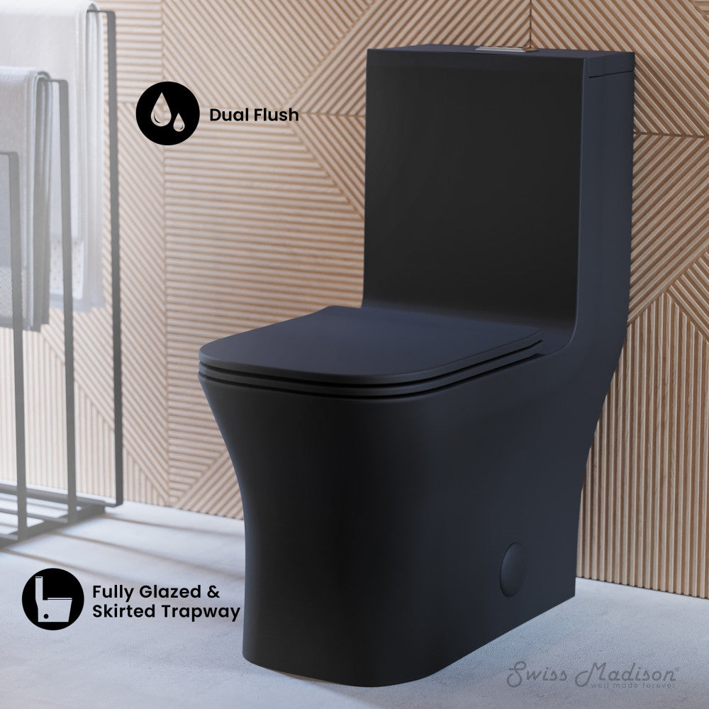 Swiss Madison Concorde One-Piece 12" Rough-in 1.1/1.6 GPF Dual Top Flush Square Toilet in Matte Black