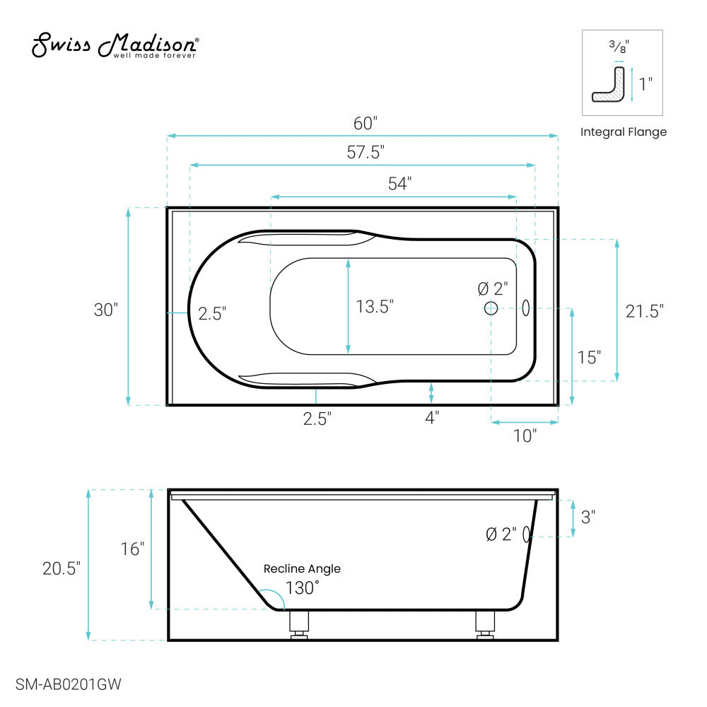 Swiss Madison Concorde 60" x 30" Right-Hand Drain Alcove Bathtub with Apron and Armrest