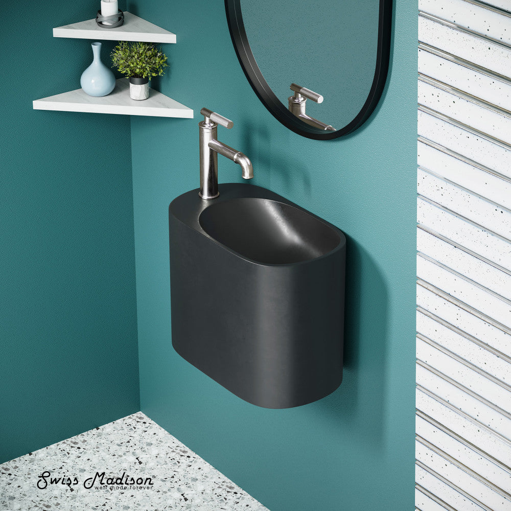 Swiss Madison Terre 18" Solid Surface Oval Wall-Mounted Sink with Left Side Faucet Mount in Matte Black