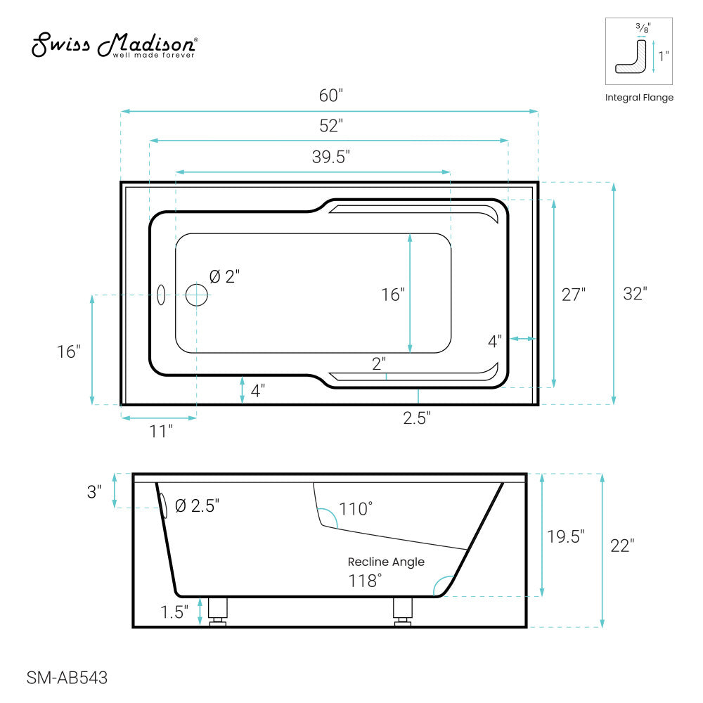 Swiss Madison Voltaire 60" x 32" Left-Hand Drain Alcove Bathtub with Apron and Armrest
