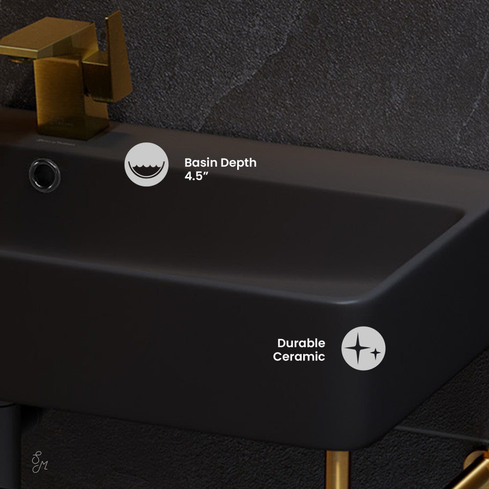 Swiss Madison Carre 36 Ceramic Console Sink Matte Black Basin Brushed Gold Legs