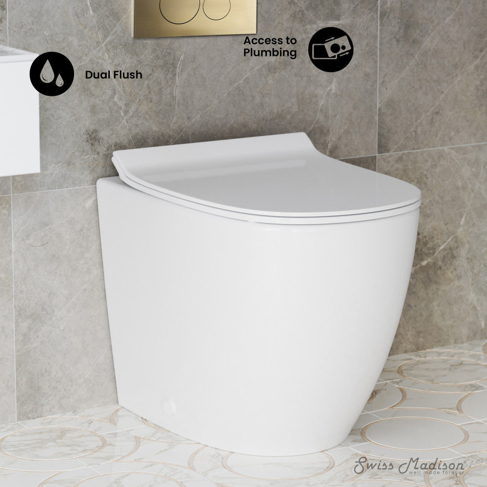 Swiss Madison St. Tropez Back-to-Wall Toilet Bundle 0.8/1.6 GPF Dual Flush in Glossy White with Brass Flush Plate