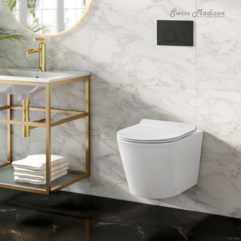 Swiss Madison Calice Wall-Hung Toilet Bundle 0.8/1.6 GPF Dual Flush in Glossy White with Black Flush Plate