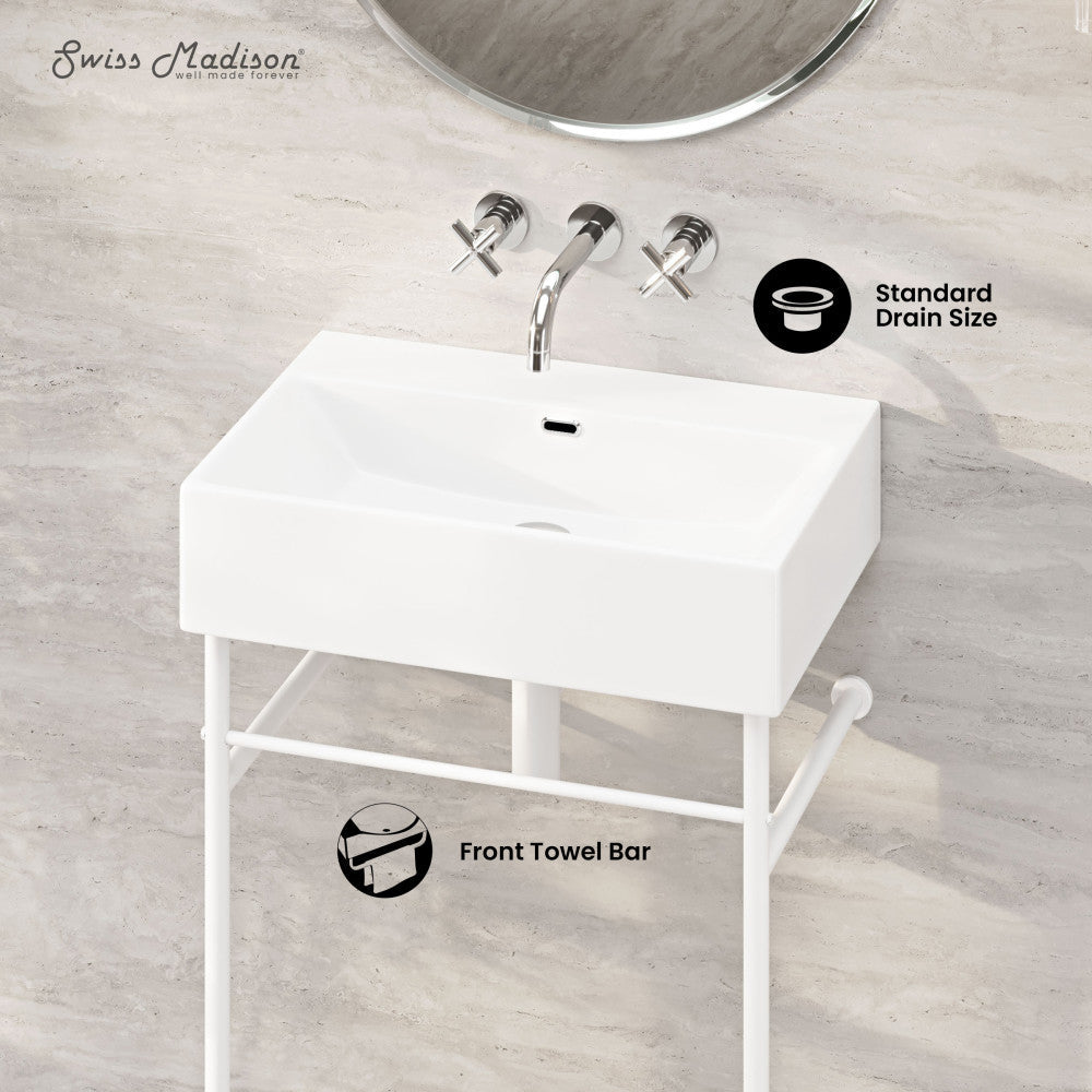 Swiss Madison Claire 24" Rectangle Zero Hole Console Sink with Matte White Legs