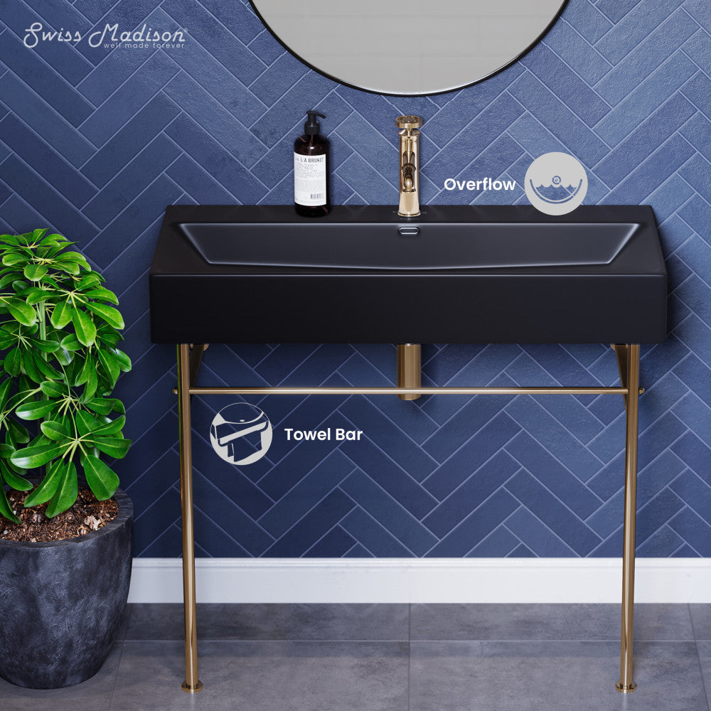 Swiss Madison Claire 40 Ceramic Console Sink Matte Black Basin Gold Legs