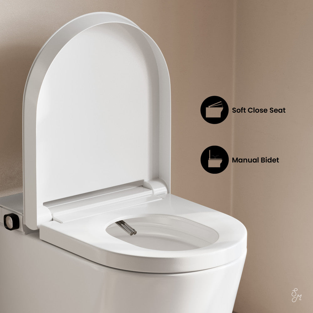 Swiss Madison Hugo H Wall-Hung Toilet in Glossy White with Manual Bidet and Supporting Frame