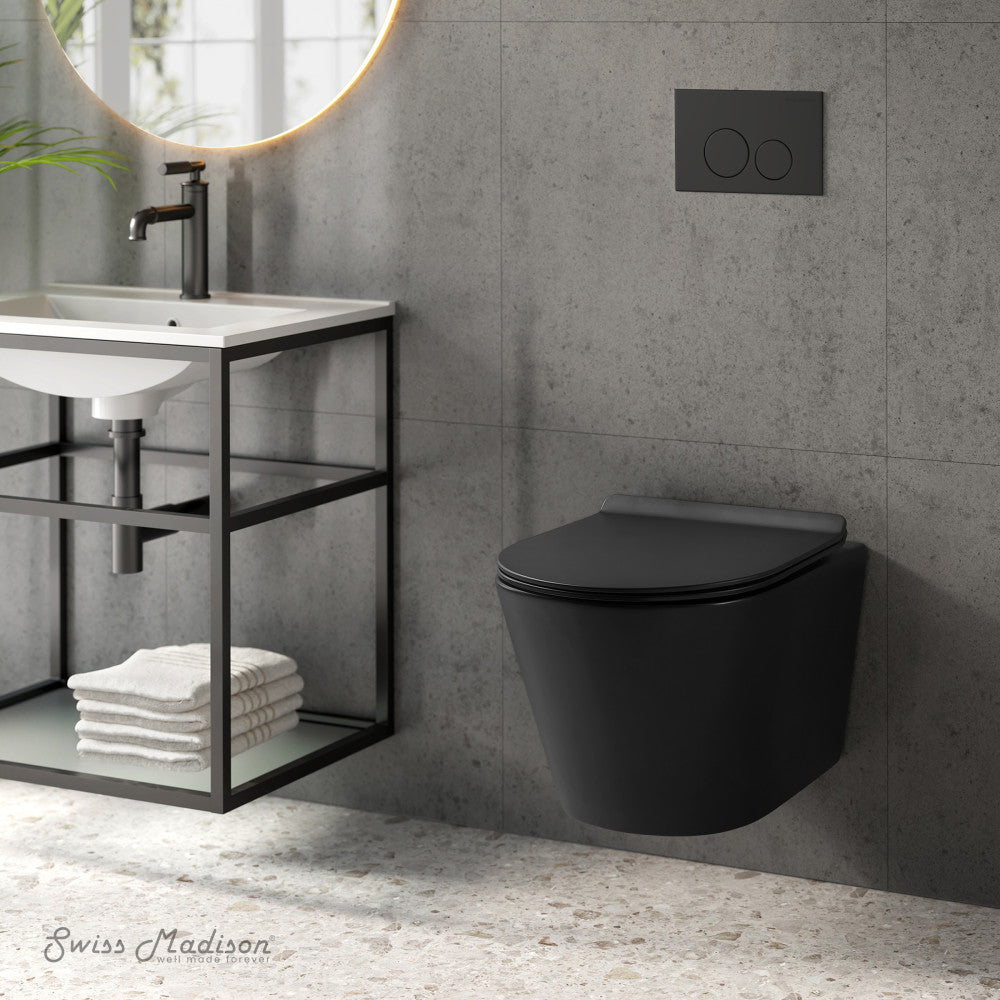 Swiss Madison Calice Wall-Hung Toilet Bundle 0.8/1.6 GPF Dual Flush in Matte Black with Black Flush Plate