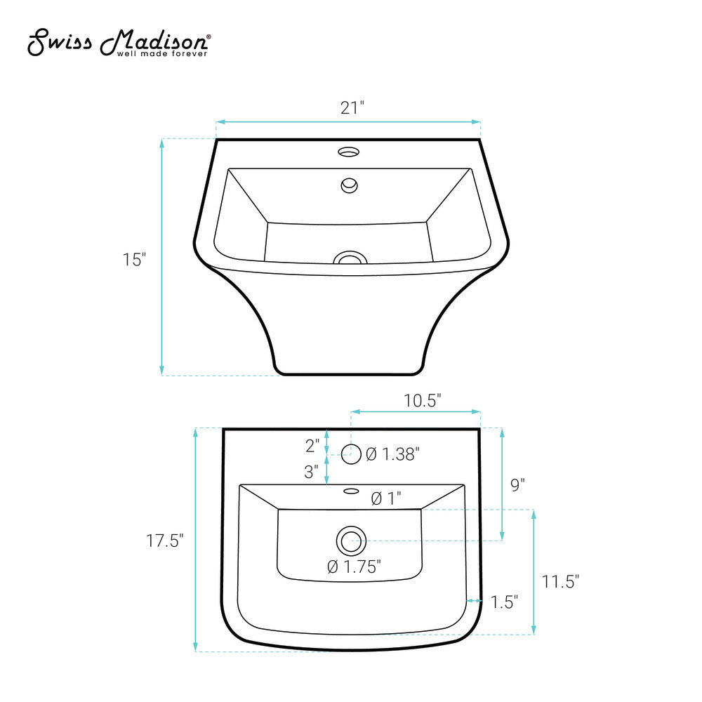 Swiss Madison Carre 21" Wall-Mount Bathroom Sink