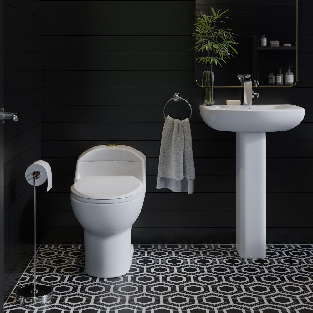 Swiss Madison Chateau One Piece Elongated Toilet Dual Flush, Brushed Gold Hardware 1.1/1.6 gpf