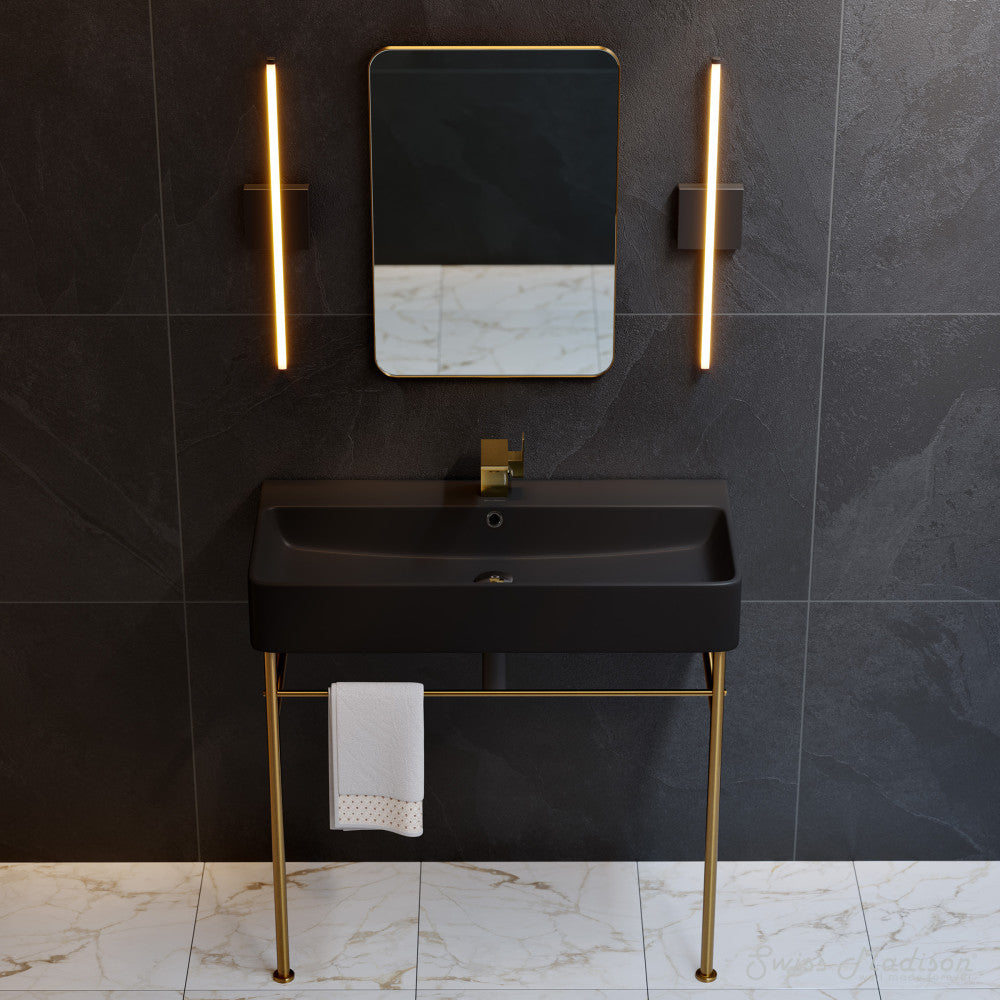 Swiss Madison Carre 36 Ceramic Console Sink Matte Black Basin Brushed Gold Legs