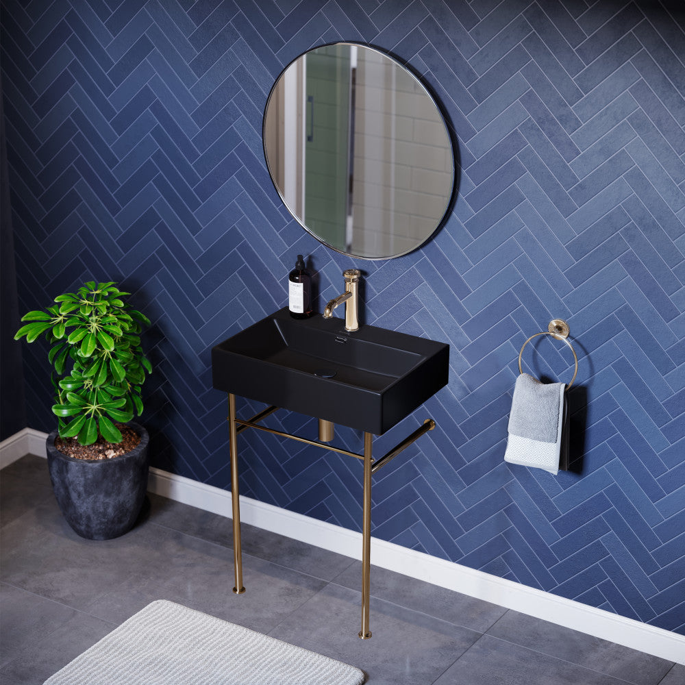 Swiss Madison Claire 24 Ceramic Console Sink Matte Black Basin Gold Legs