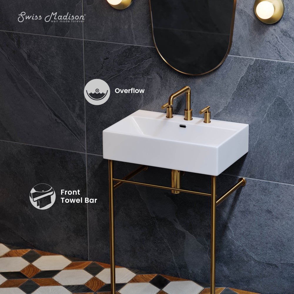 Swiss Madison Claire 30" Console Sink White Basin Brushed Gold Legs with 8" Widespread Holes