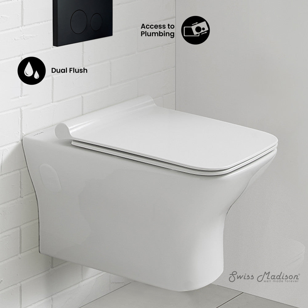 Swiss Madison Carre Wall-Hung Toilet Bundle 0.8/1.6 GPF Dual Flush in Glossy White with Black Flush Plate