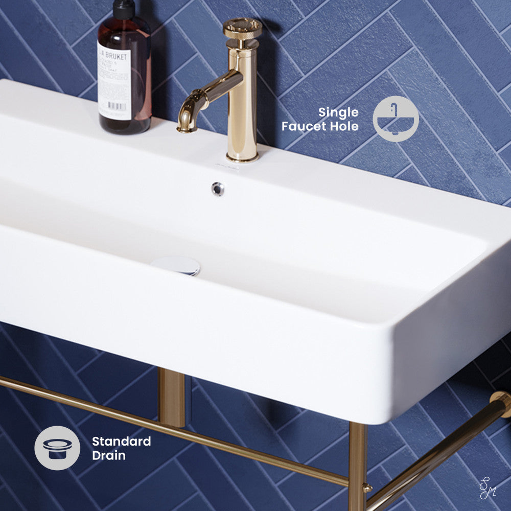 Swiss Madison Carre 36 Ceramic Console Sink White Basin Gold Legs
