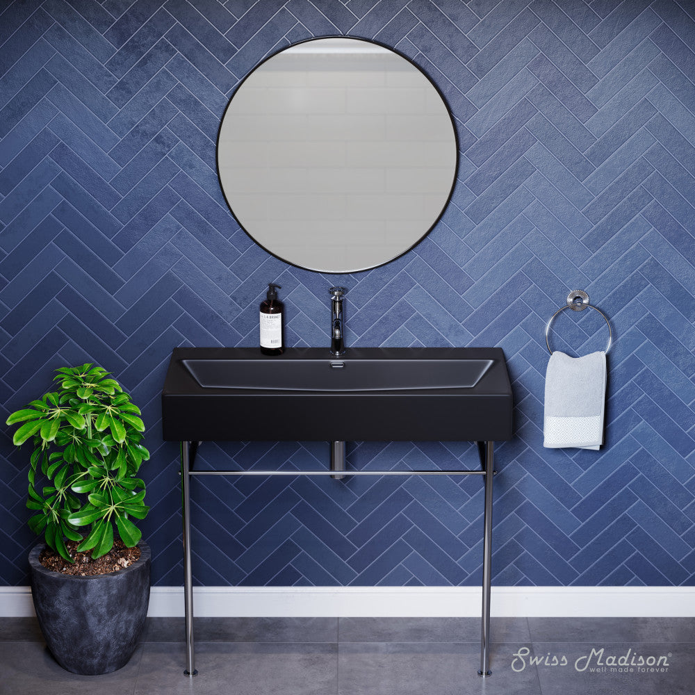 Swiss Madison Claire 40 Ceramic Console Sink Matte Black Basin Chrome Legs
