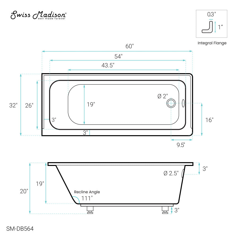 Swiss Madison Voltaire 60" x 32" Right-Hand Drain Alcove Bathtub