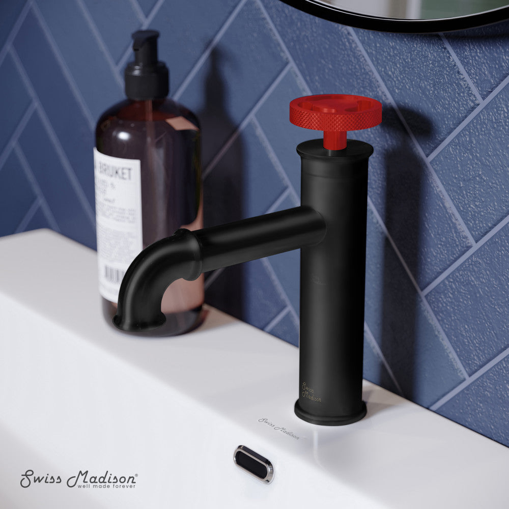 Swiss Madison Avallon Single Hole, Single-Handle, Bathroom Faucet in Matte Black with Red Handle