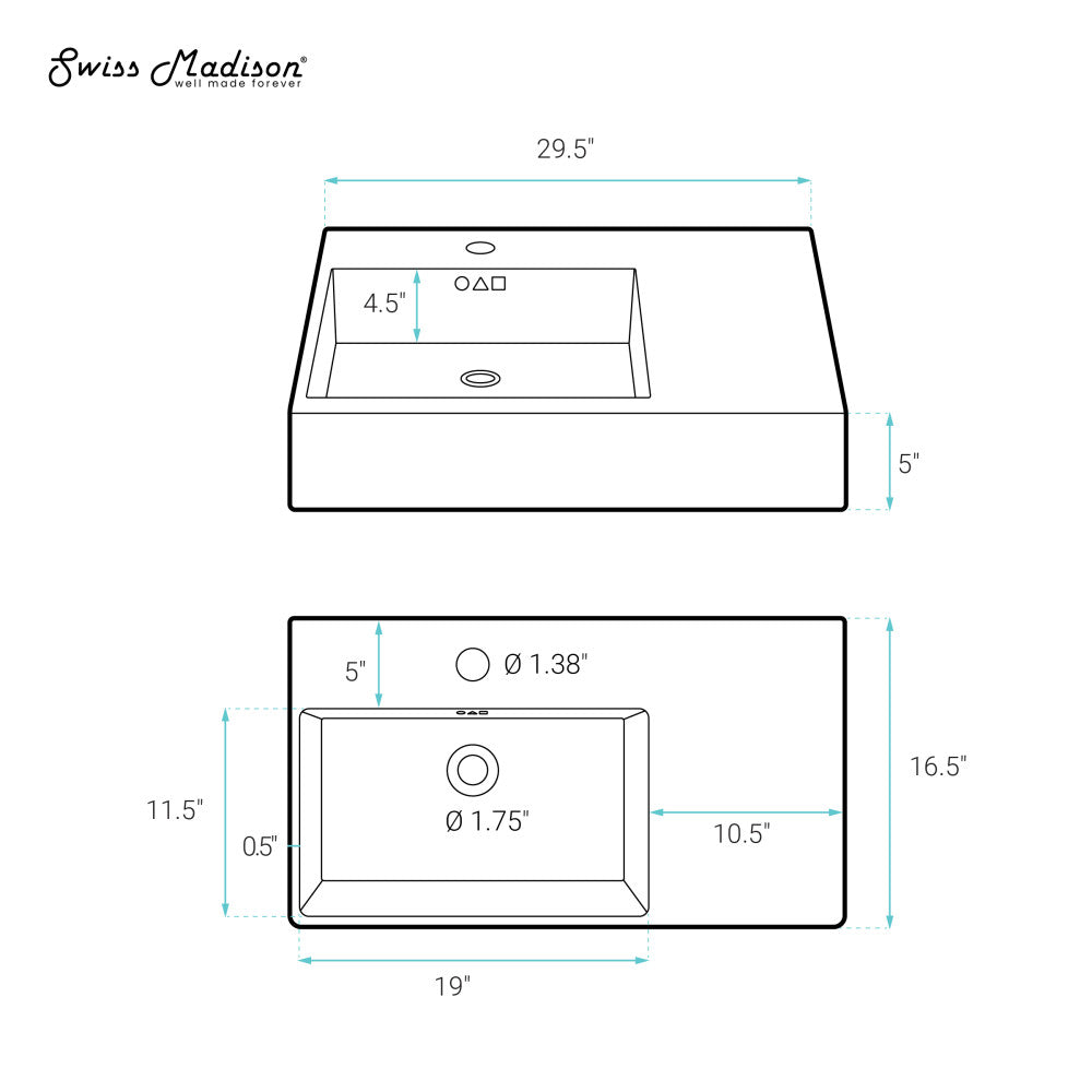 Swiss Madison St. Tropez 30" Rectangle Wall-Mounted Sink with Left Side Faucet Mount