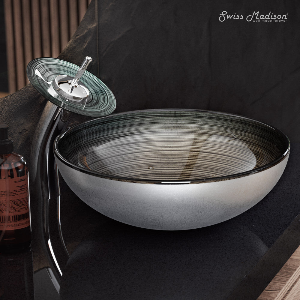 Swiss Madison Cascade 16.5 Glass Vessel Sink with Faucet, Smoky Grey