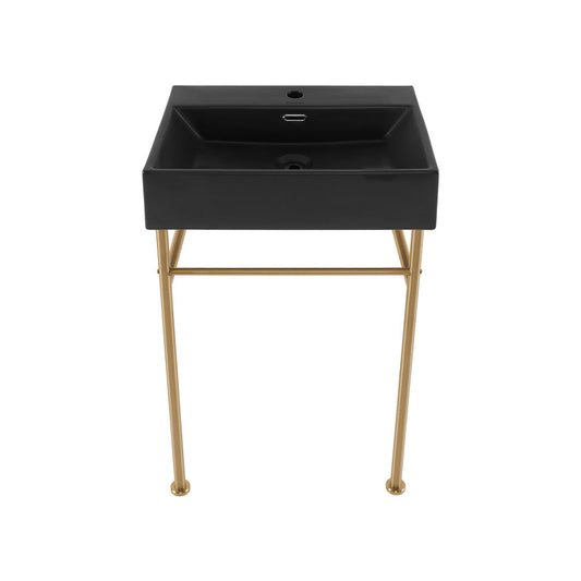 Swiss Madison Claire 24 Ceramic Console Sink Matte Black Basin Brushed Gold Legs