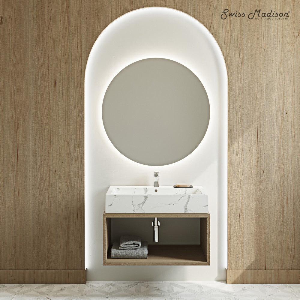 Swiss Madison Voltaire Wide Rectangle Vessel Sink in White Marble