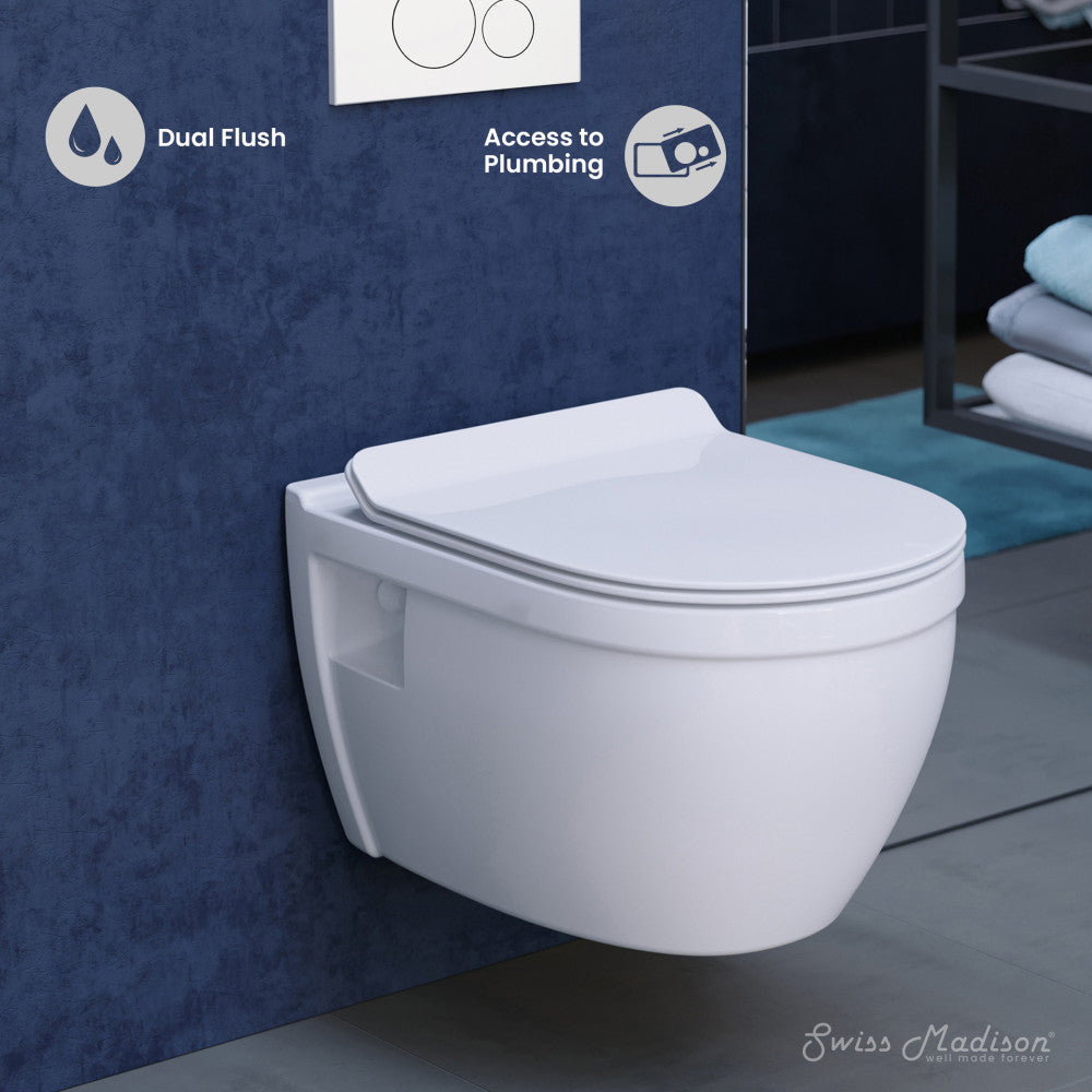 Swiss Madison Ivy Wall-Hung Toilet Bundle 0.8/1.6 GPF Dual Flush in Glossy White with White Flush Plate