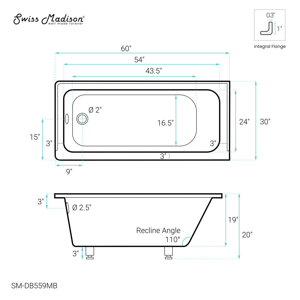 Swiss Madison Voltaire 60" x 30" Left-Hand Drain Alcove Bathtub in Matte Black